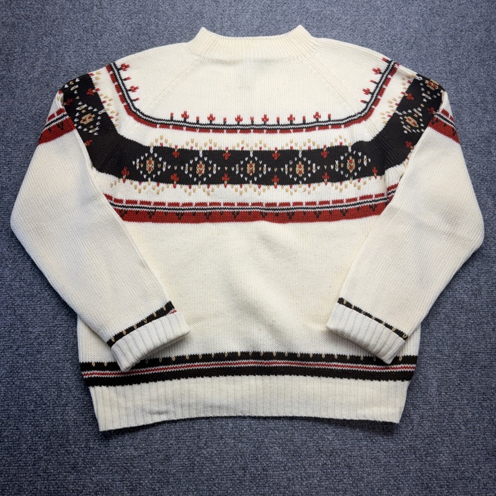 Vintage JCPenney Mens Large Fair Isle Knit Sweater Ivory Red Black Acrylic 80s
